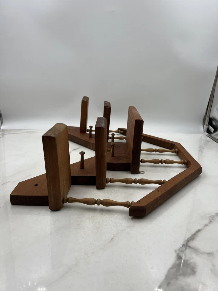 Tiered Wooden Staircase Wall Shelf with Spindles and Peg Hooks Rustic Decor - Image 2 of 4