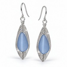 Blue Teardrop Earrings Frosted Sea Glass Silver Wire Braided Ladies