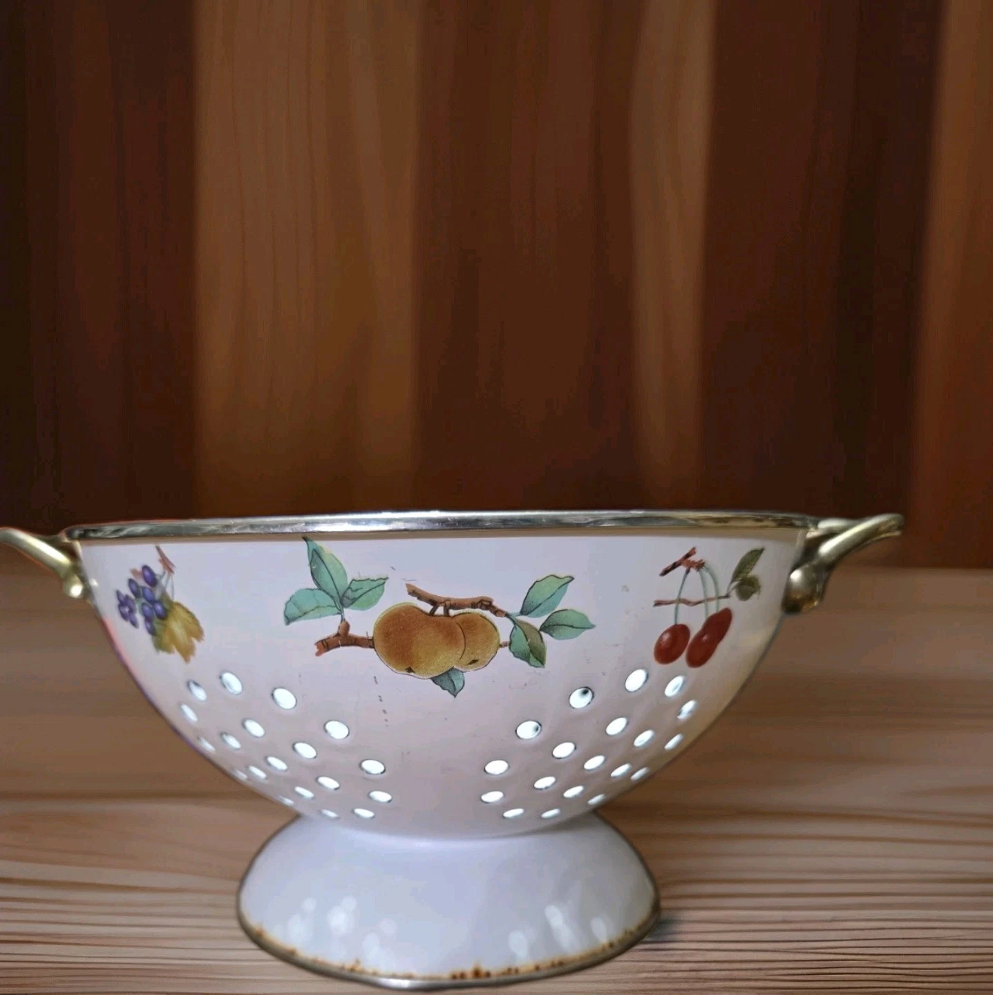 Vintage Enamalware White Colander With Fruit Pattern, Some Rust
