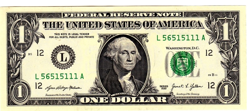 $1 2021 Fancy Serial  Uncirulated CU L56515111A