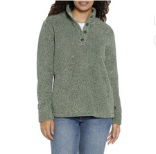 Eddie Bauer Button Placket Mock Neck Pullover Fleece Sweater Womens M Green Grey