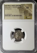 Bactria Indo Greeks Menander 165/55-130 BC AR Drachm NGC XF (019)