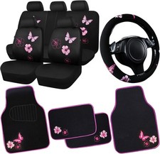 Universal Cloth Butterfly Car Seat Covers Full Set Black Pink Embroidered Flower Universal Cloth Butterfly Car Seat Covers Full Set Black Pink Embroidered Flower
