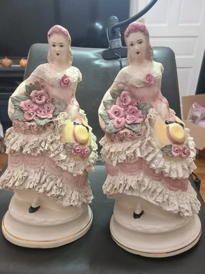 Vintage Rare Dresden Porcelain Lace Figurine Pair Pink Ladies Lamp Stand - Image 1 of 4