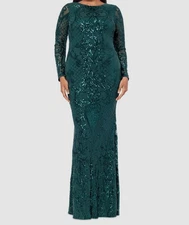 B&A by Betsy & Adam Women's Green Sequined Long-Sleeve Gown Dress Plus Size 18W