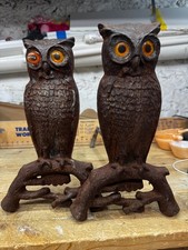 Antique Owl Andirons Glass Eyes Fireplace Display Decor CAST IRON