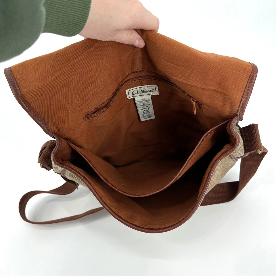 Bolso Mensajero LL Bean Tweed Lana Cachemira Cuero Borde Correa Ajustable Tostado Foto 3 de 4