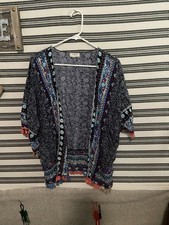 Umgee Boho Kimono Blue Paisley Print With Multicolored Tassels Sz M/L