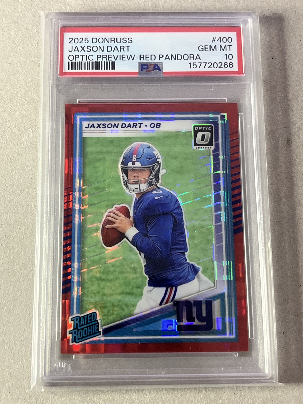 2025 Panini Donruss Rated Rookie Jaxson Dart #400 Optic Red Pandora PSA 10