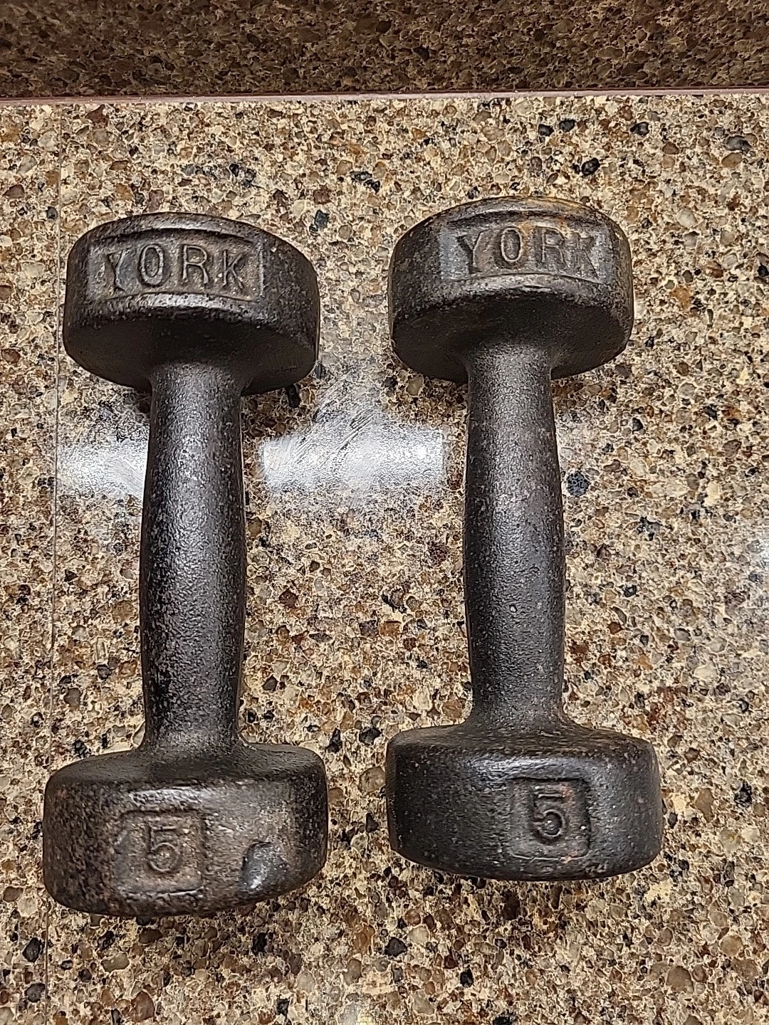 York Dumbbell Weights 5 Lb Cast Iron Round Flat Bottom lot of 2 USA