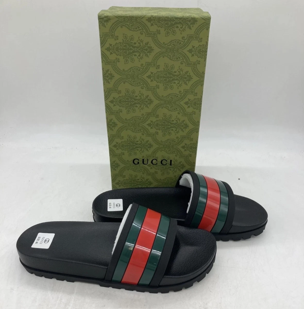 100% authentic Gucci Men’s Red Leather Embossed Slide Sandals with Black Footbed Gucci Interlocking G Slide Sandals - Overstock - 43343686 main image 2