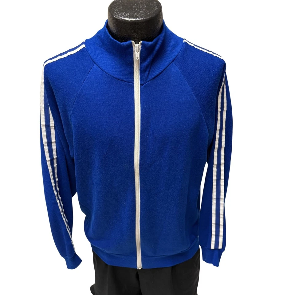Jaqueta atlética vintage anos 70 anos 80 azul royal listra branca aquecimento corrida M - Imagem 2 de 4