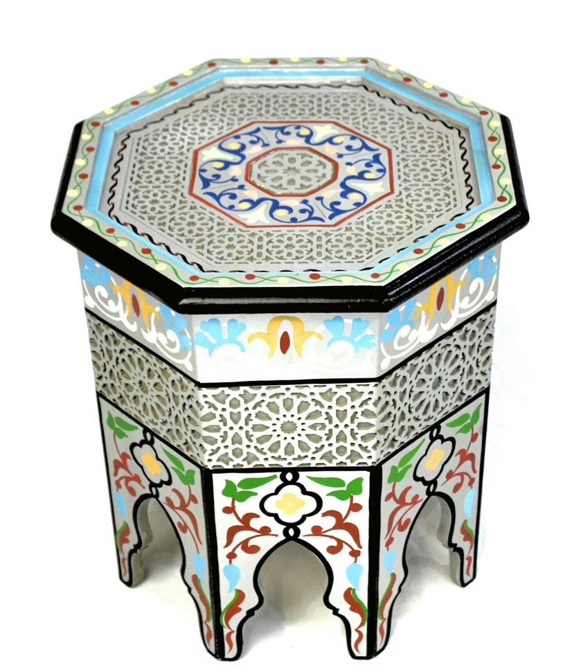 Moroccan Side Table Silver Accent End Corner Piece Painted Handmade Authentic - Image 4 of 4