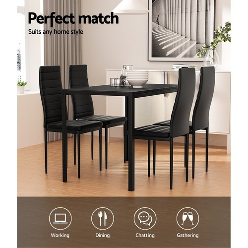 Set of 5 Dining Chairs and Table Dining 4 Chair Furniture Wooden MDF Top Black - Picture 7 of 8