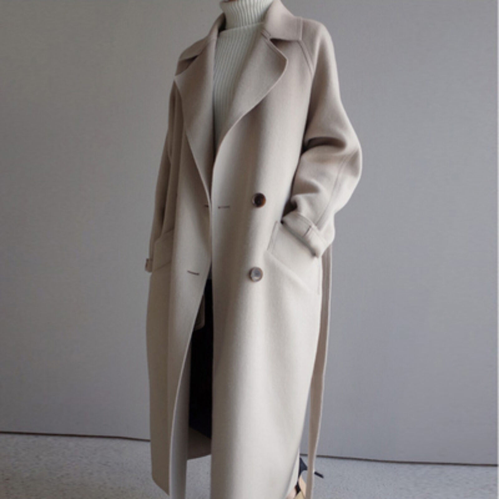 Winter Long Woolen Coat Thin Wool Blend Coat Trench Outwear Jacket Overcoat