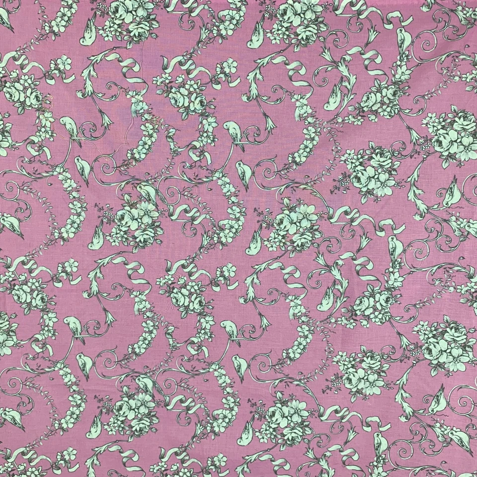 Keepsake Calico Pink Gray Cotton Fabric .75 yds Love Birds Flowers Quilting - Image 2 of 4