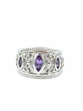 Sterling Silver 925 Three Stone Rhombus Amethyst Ring Size: 7