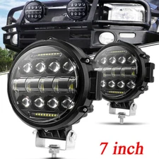 Pair 7" Round LED Pods Driving Light Bar DRL Work Light Flood Spot SUV Offroad