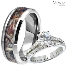 Mens Titanium Oak Forest Mossy Camo Band Cz Women Sterling Silver Ring [3PC SET]