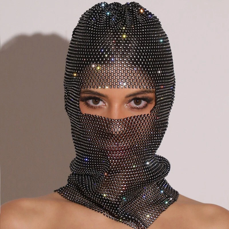 ladies Rhinestone Face Mask Balaclava Crystal Glitter Headwear Party Mesh - Image 2 of 4