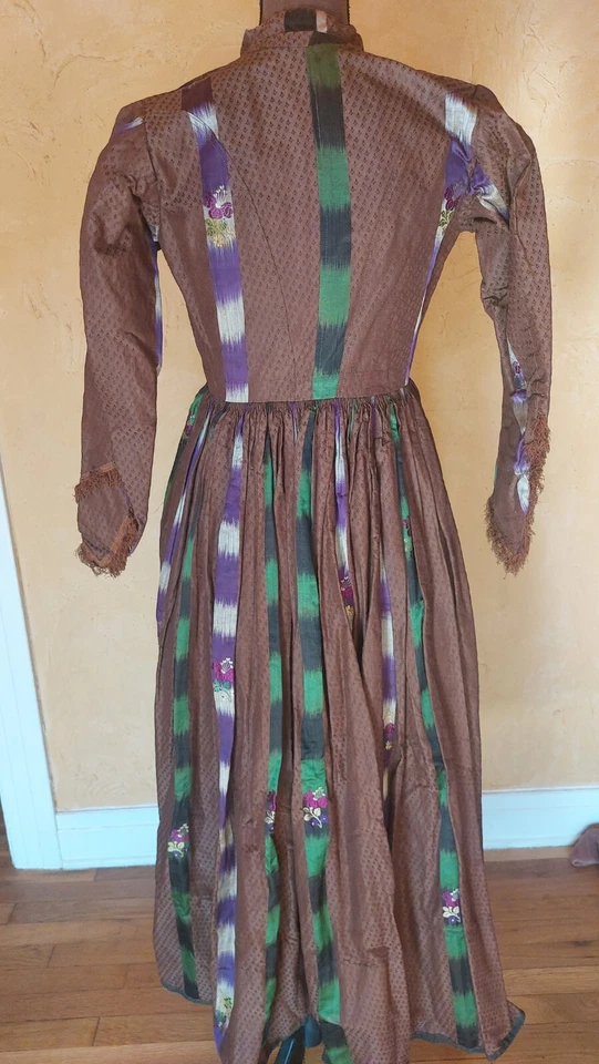 Rare 1860s Dress handmade W/Ikat Material, Fringed Sleeves. SM XS - Image 3 of 4