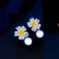 Fancy CZ Flower Yellow Square Pearl Dangle Drop Earrings for Women Brides Party