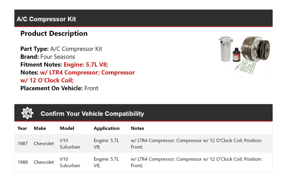 Kit de compressor dianteiro 4 estações Chevrolet V10 Suburban 5.7L V8 A/C 1987-1988 - Imagem 2 de 4