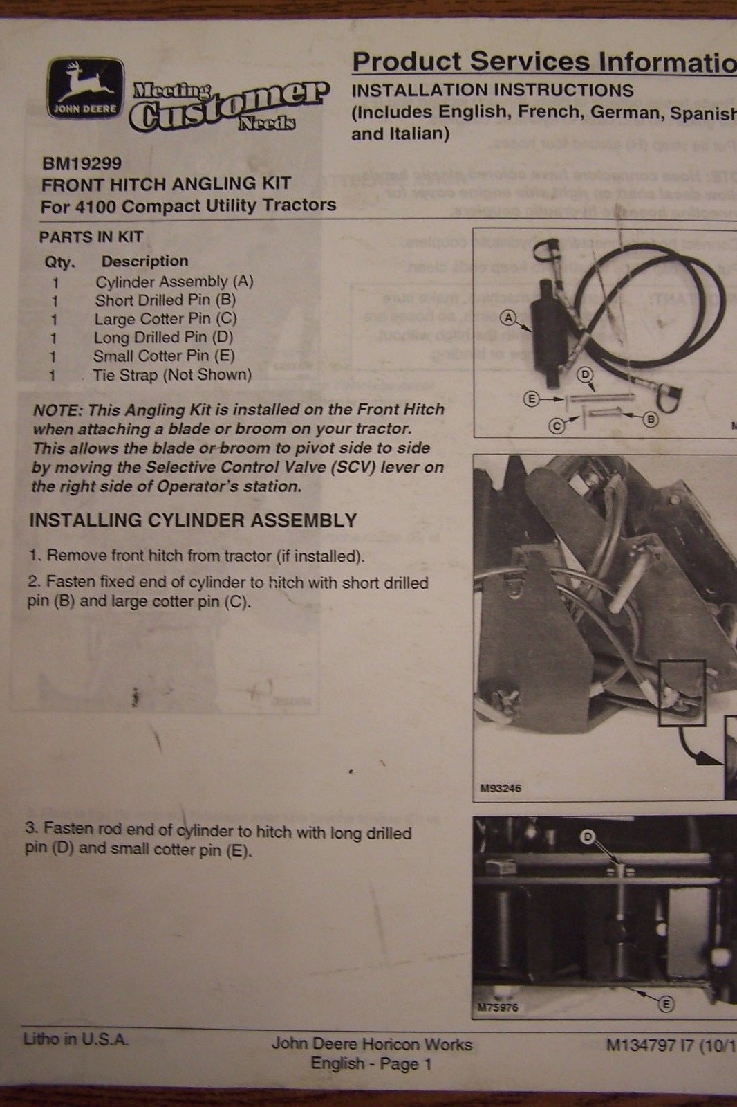 JOHN DEERE INSTALLATION INSTRUCTIONS FOR FRONT HITCH ANGLING KIT eBay