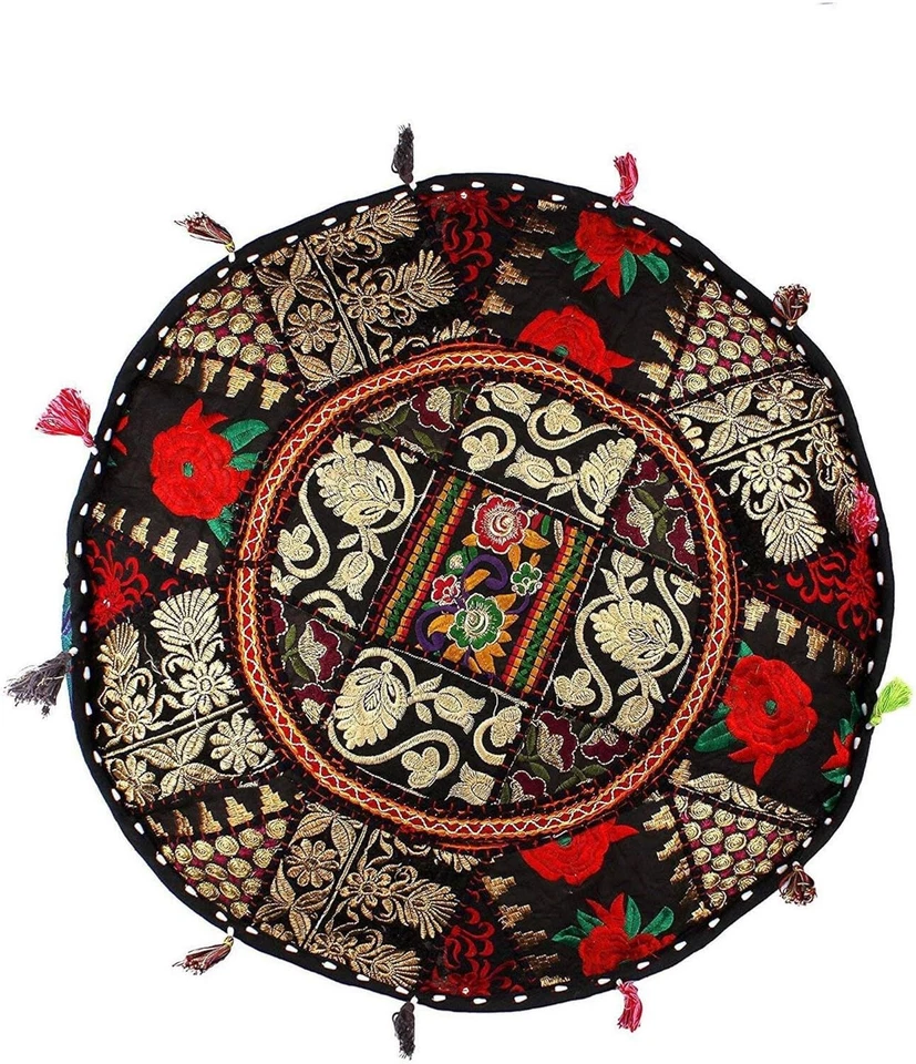 22" Indian Ottoman Pouf Round Floor Footstool Cover Patchwork Cotton Pouf Cover - Image 2 of 4