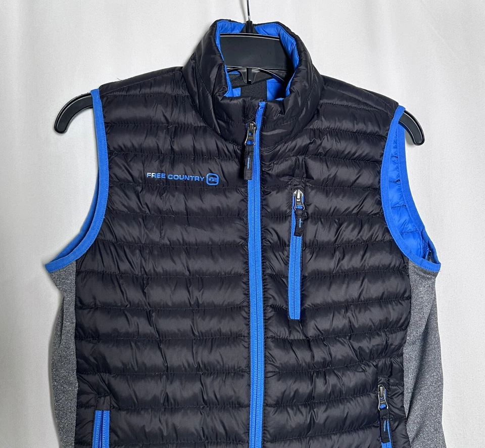 Free Country Youth Boy Chaleco Chaqueta Puffer Grande 14-16 Plumón Puffer Cremallera Azul Negro Foto 2 de 4
