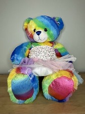 Build A Bear Neon Rainbow Tie Dye Peace Signs Bear Pink Tutu Stuffed Plush Toy