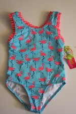 Penelope Mack Little Girls Green Blue Pink Flamingo 1 Pc Swimsuit Swim 4/6 NWT