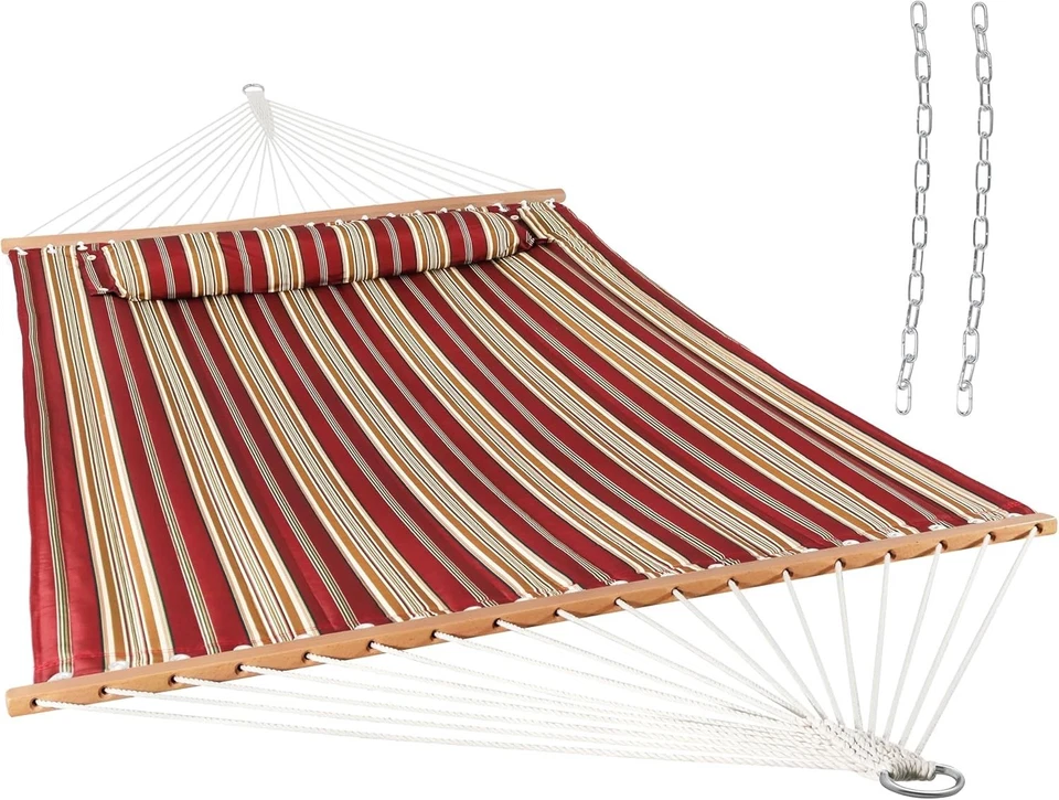Luxury Quilted Outdoor Double Hammock with Spreader Bars - Red Stripe - Image 3 of 4