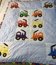 Handmade Train Baby Quilt Blanket 37x45 Blue Applique Crib Toddler Nursery