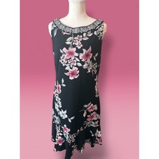 White House Black Market Floral Flounce Hem Embellished Neck Dress Black Pink M