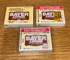3 Vintage Empty Bayer Aspirin Boxes, fits 12 aspirin, plastic, dates 1987  1985