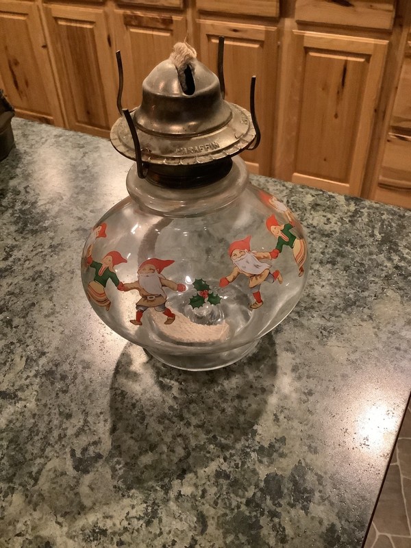 Vintage Kadaah LTD Christmas Paraffin Kerosene Oil Lamp Gnomes Dwarfs Elves 8"