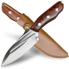 Pocket Fixed Blade Knife with Wood Handle and Leather Sheath for Camping, Outdoo