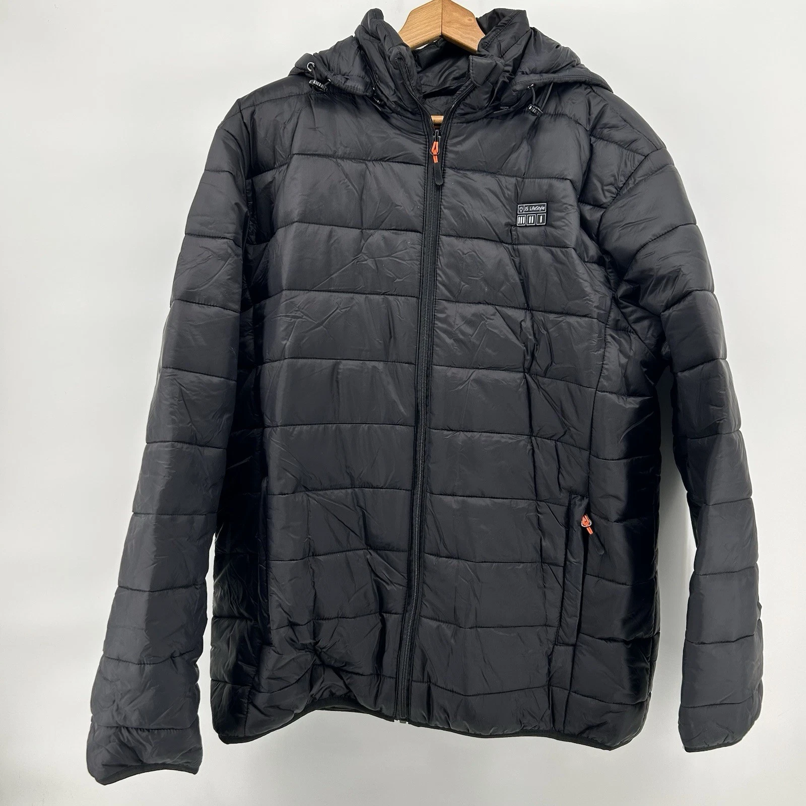JS Lifestyle Men's Sz L Black Lightweight Heated Puffer Jacket With Battery NWT