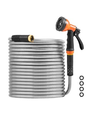 50ftStainless Steel Garden Hose,Durable Water Hose with 10-Function Spray Nozzle