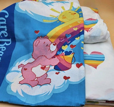 Vintage TCFC Care Bear 3 Pcs Sheet Set Bedding 2002 Rainbow Trail Hearts Clouds