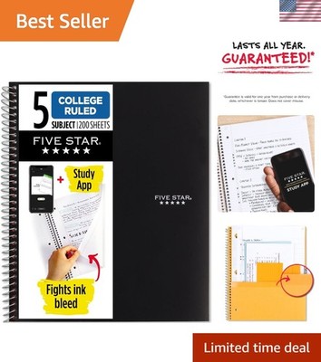 5 Subject Spiral Notebook with Study App   Durable & Water Resistant, 200 Sheets