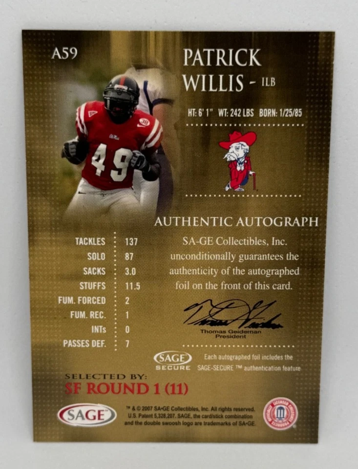 2007 SAGE Autographed Football Patrick Willis #A59 Gold /200 (AU, RC) - Image 2 of 2