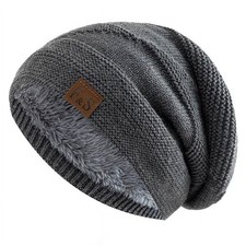Unisex Winter Beanie Hat Fur Lined Warm Knitted Slouchy Cap Men Women