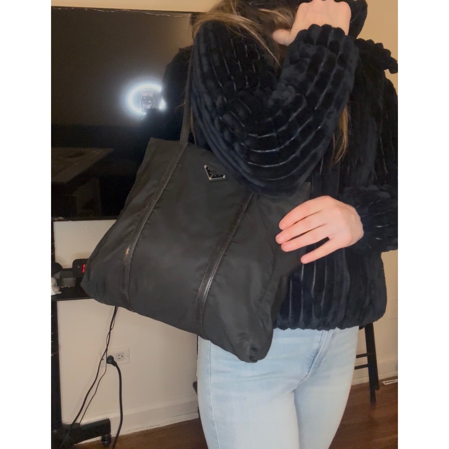 Prada Black Nylon Tote Bag Leather Trim Triangle Logo Shoulder Bag Vintage