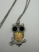 Vintage Retro Owl Gem Eyes  Boho Silver Tone Necklace Amber Stone 28”-31” Inch