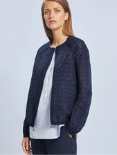 St. John RTW Navy Blue Eyelet Lace Bomber Jacket Size Medium