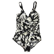 Miraclesuit One Piece Swimsuit Black White Tropical Leaf Print Tummy Control
