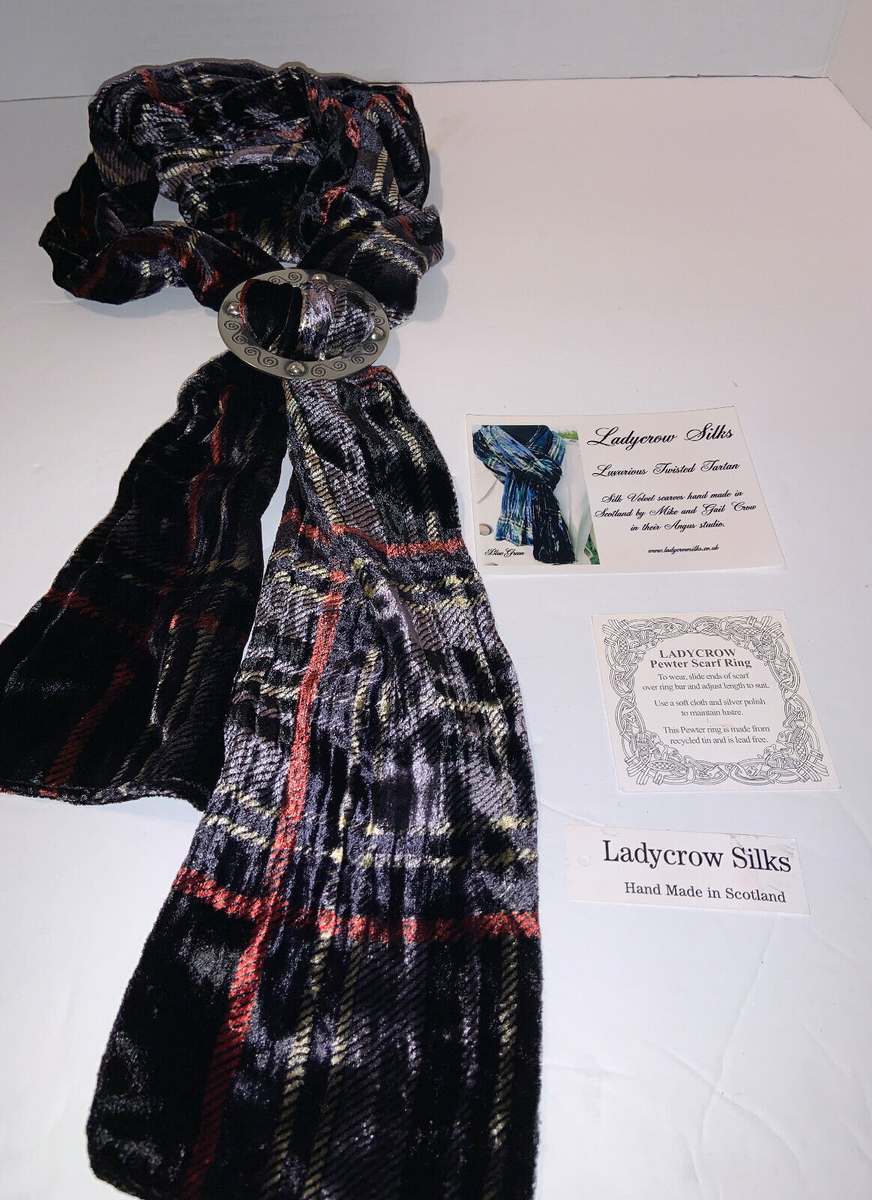 LADYCROW Silks Hand Made in Scotland Tartan Black/Gray/Red Scarf