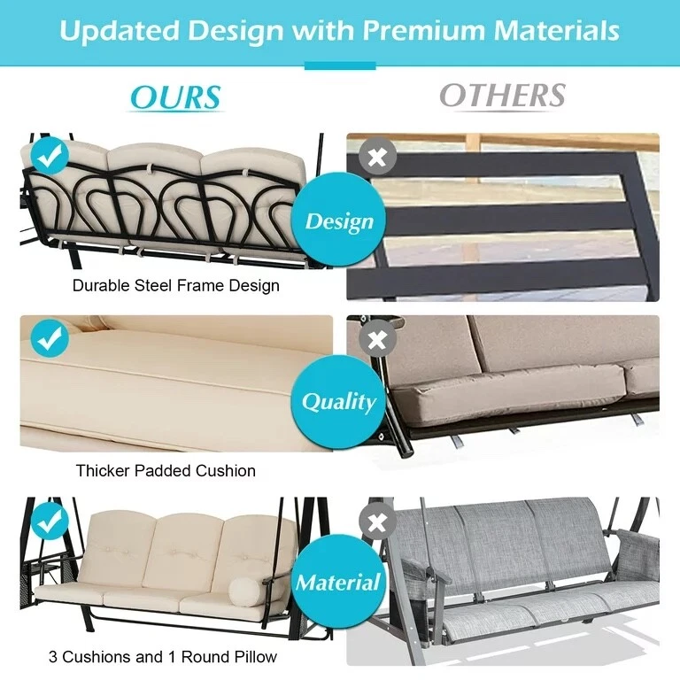 Silla Columpio para Patio Exterior para 3 Personas con Cubierta de Toldo Ajustable y Marco de Acero Tamaño 2 Foto 4 de 4